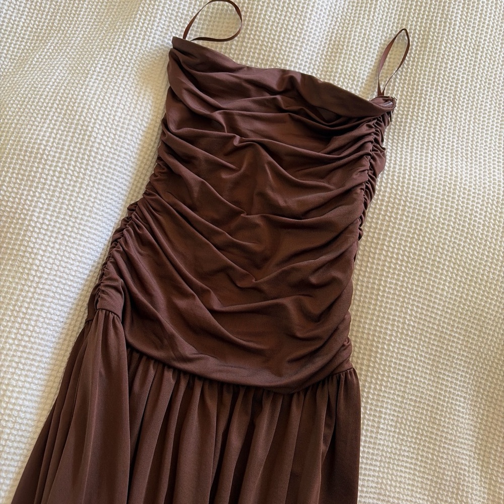 NIA Brown Ruched Maxi Dress
